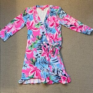 Lilly Pulitzer neon Floral Wrap Dress with Pink and Blue Pattern